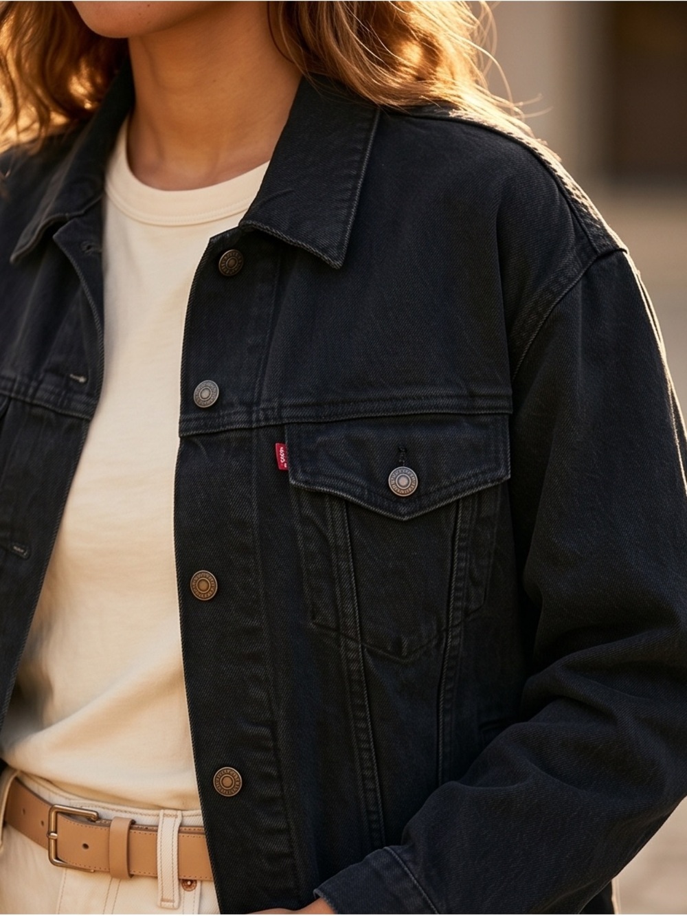 Levi's Black Denim Trucker Jacket with Ivory Tee